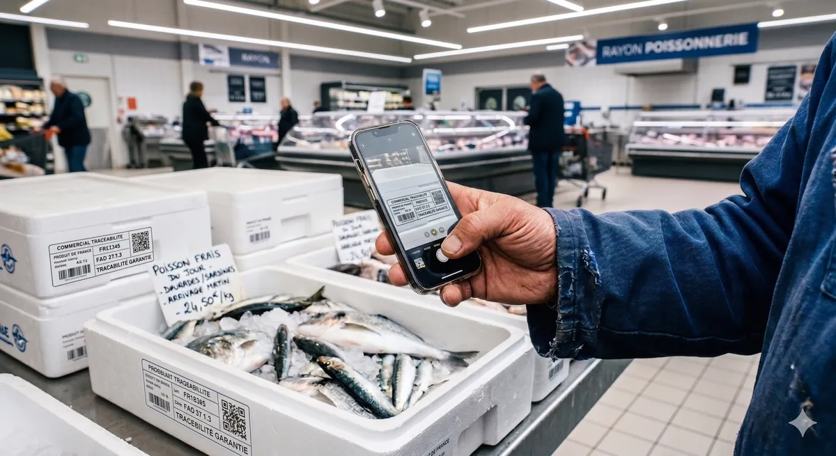 Employé du rayon marée photographiant la traçabilité d'une caisse de poisson frais avec son téléphone